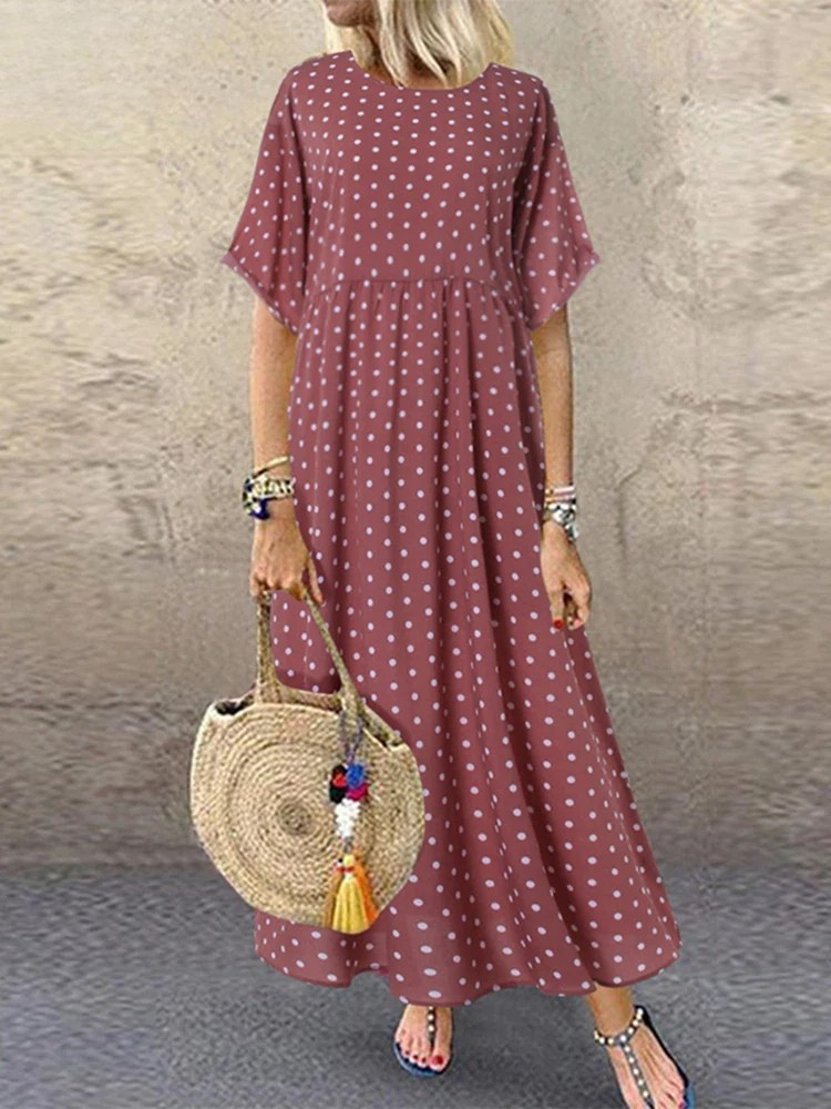 LM | Polka Dot Ladies Midi Dress Bohemian Vacation Short Sleeve O-Neck Long Robe Vintage Loose Casual A-line Vestidos Summer