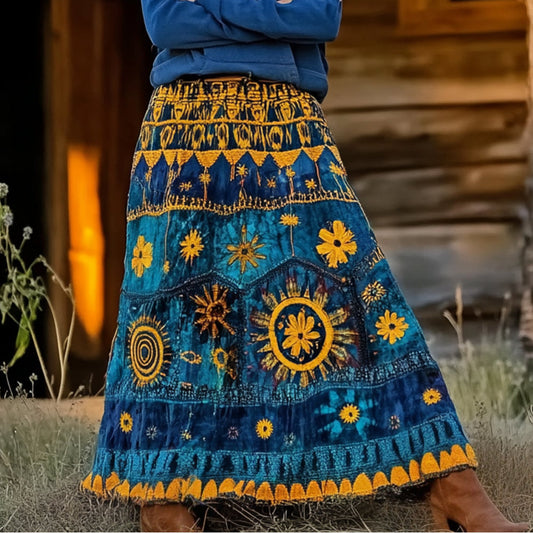 Folk Floral Embroidery Art Vintage Skirt artswardrobe