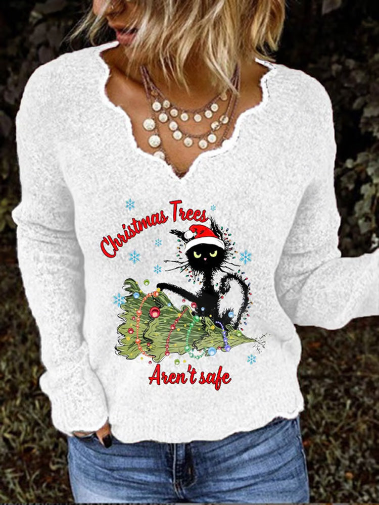 Women's Christmas Trees Aren T Safe Naughty Black Cat Print V-Neck Top elevenforest