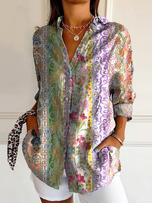 Women's Vintage Floral Art Print Casual Cotton Shirt