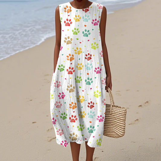 Comstylish Women's Dog Paw Print Crew Neck Tank Midi Dress