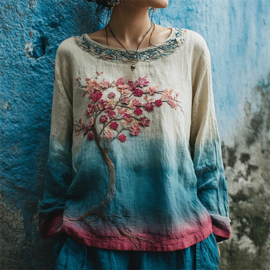 Comstylish Vintage Plum Flower Embroidery Women's Linen Long Sleeve Shirt