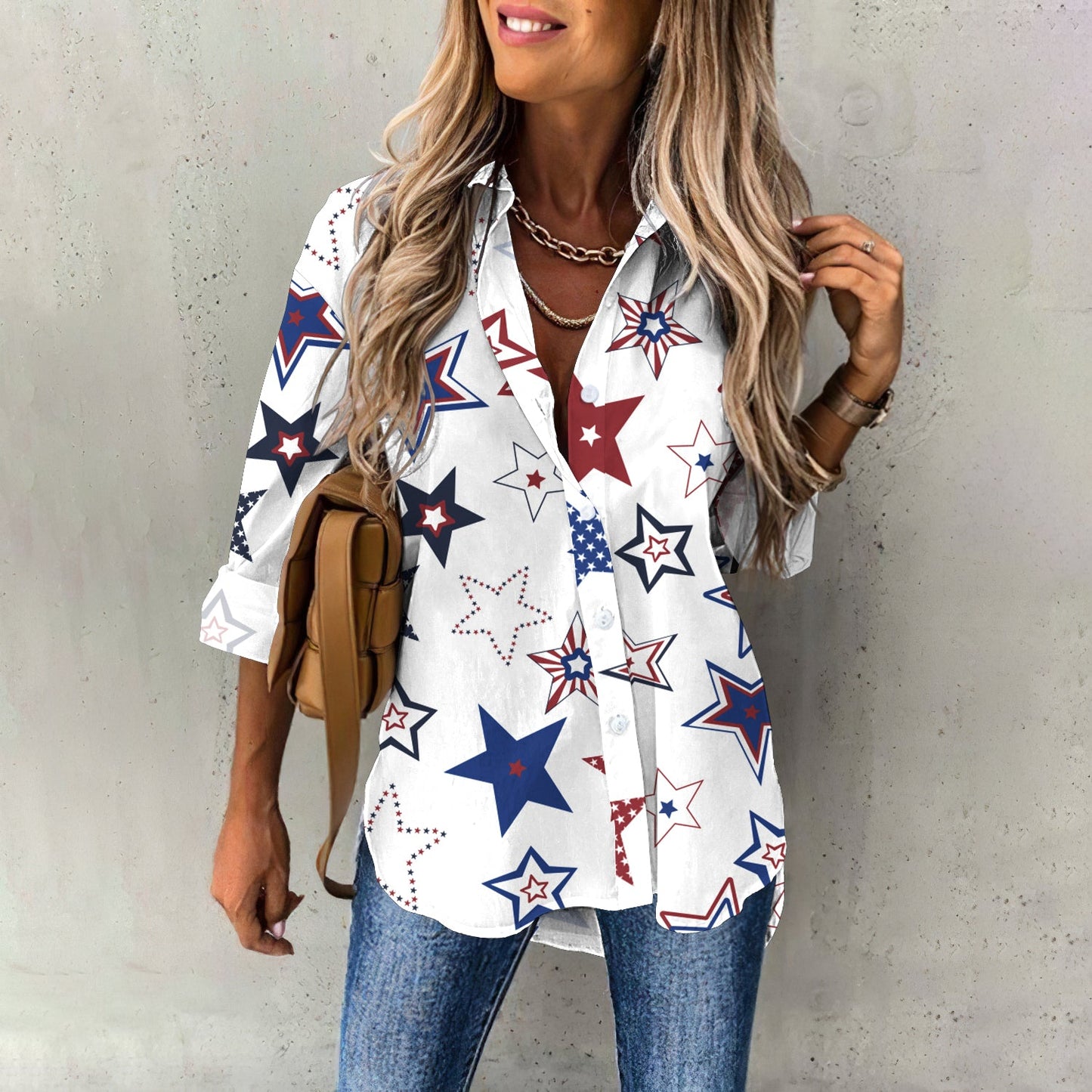 Comstylish American Flag Star Print Long Sleeve Shirt