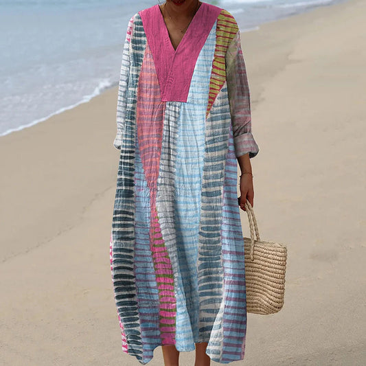 Vintage Color Block Line Art  Pattern Casual Maxi Dress artswardrobe