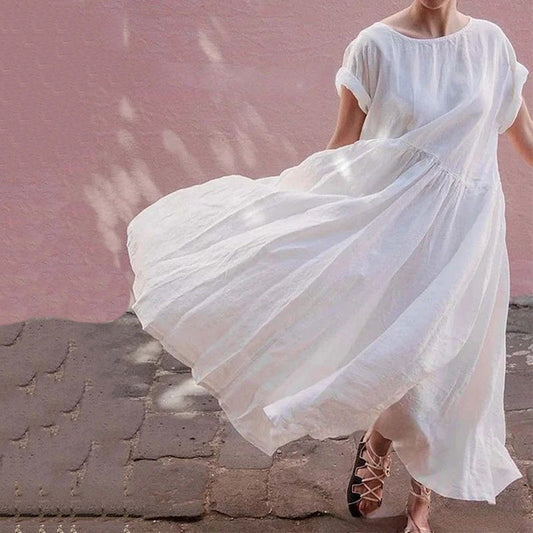 Vintage Solid Color Cotton Linen Short Sleeve Comfy Maxi Dress artswardrobe