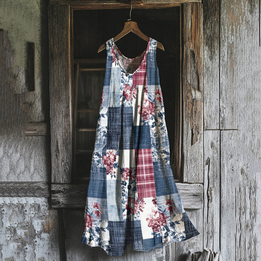 Women's Vintage Independence Day Floral Art Linen Maxi Dress artswardrobe