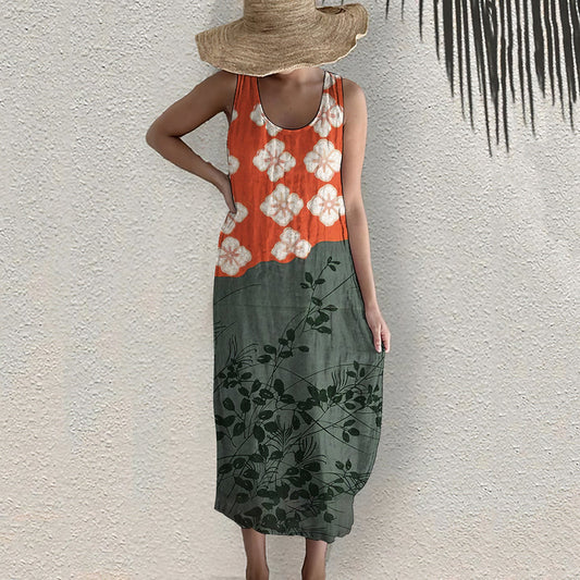 Comstylish Japanese Art Flower Print Sleeveless Casual Linen Blend Midi Dress