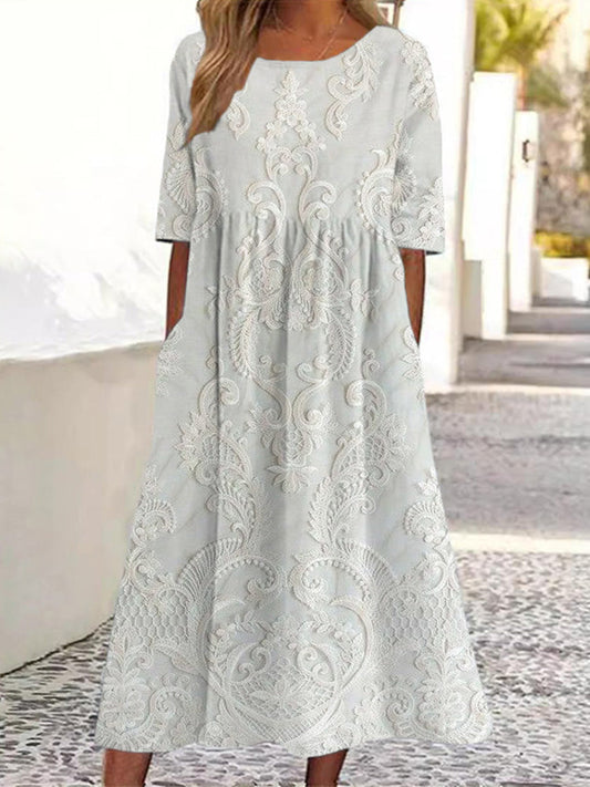 Vintage Crew Neck Lace Linen Blend Maxi Dress artswardrobe