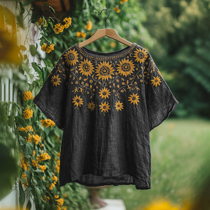 Women's Bohemian Retro Sunflower Round Neck T-shirt artswardrobe