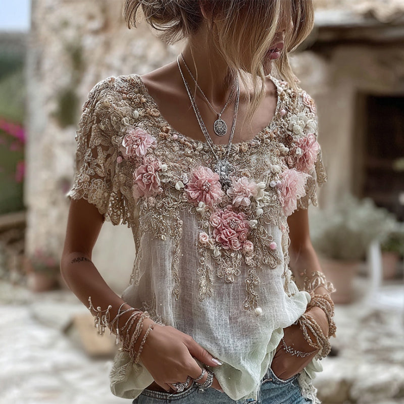 Women's Pink Rose Embroidery Art Round Neck Short Sleeve Linen Blend T-shirt artswardrobe