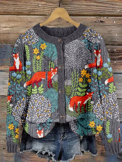 Fox in the Forest Pattern Vintage Cozy Knit Cardigan artswardrobe