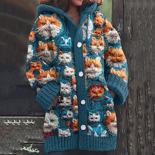 Comstylish Vintage Cute Cat Art Button Cozy Cardigan Sweater