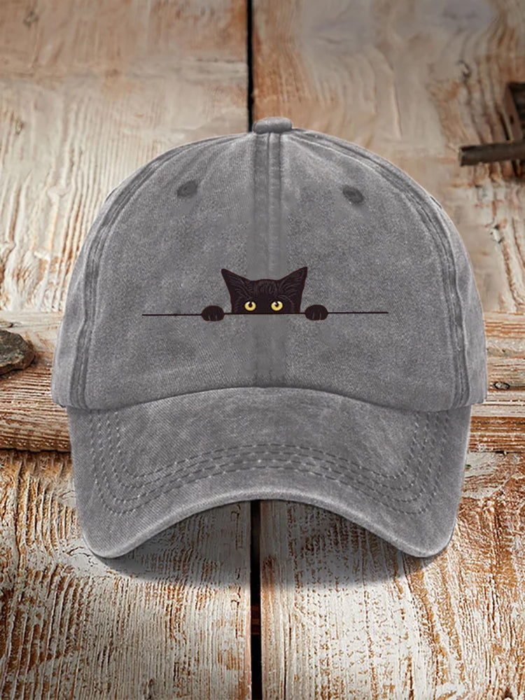 Comstylish Japanese Art Black Cat Print Washed Hat