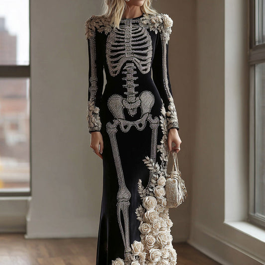 Comstylish Women's Gothic Style Rose Skeleton Velvet Round Neck Maxi Dress