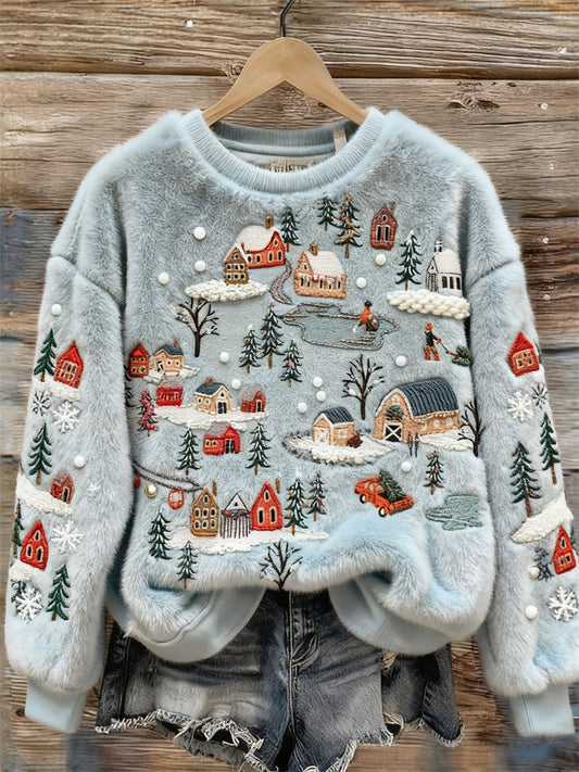 Comstylish Snowy Ski Resorts Landscape Embroidered Cozy Plush Sweatshirt