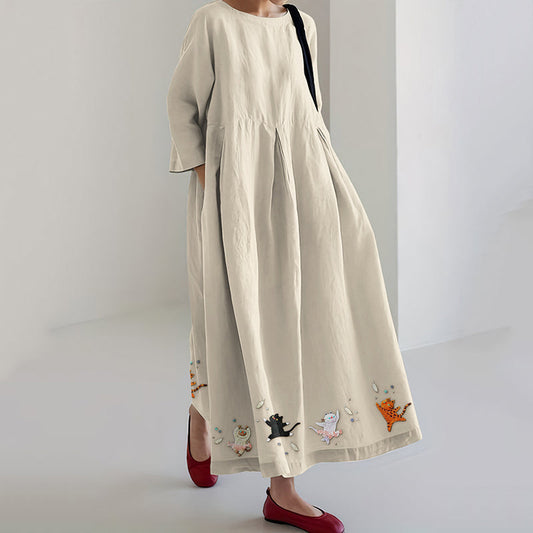 Women's Dancing Cats & Flowers Embroidery Art Cozy Maxi Dress elevenforest