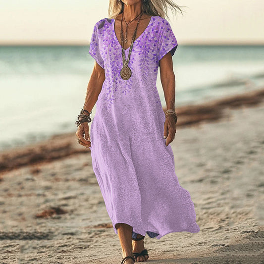 Vintage Violet Floral Art Pattern Casual Maxi Dress artswardrobe