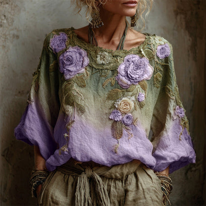 Vintage Pink Roses Forest Gradient Linen Tunic artswardrobe