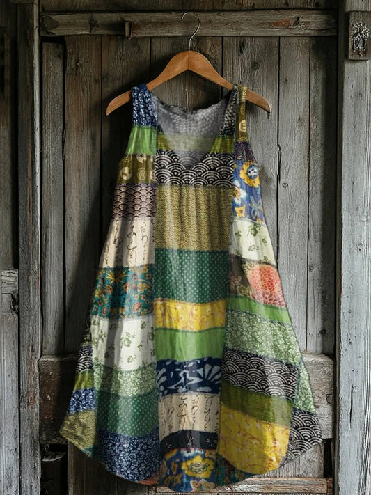 Women's Vintage Floral Patchwork Art Print V-neck Pocket Cotton Dress