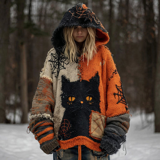 Comstylish Women's Black Cat Patchwork Stitched Cozy Knit Hooded