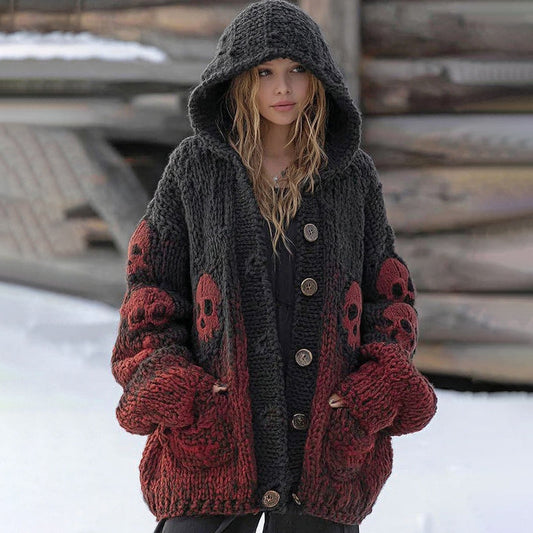Women's Vintage Viking Tribal Celtic Skull Gradient Art Chunky Knit Hooded Cardigan artswardrobe