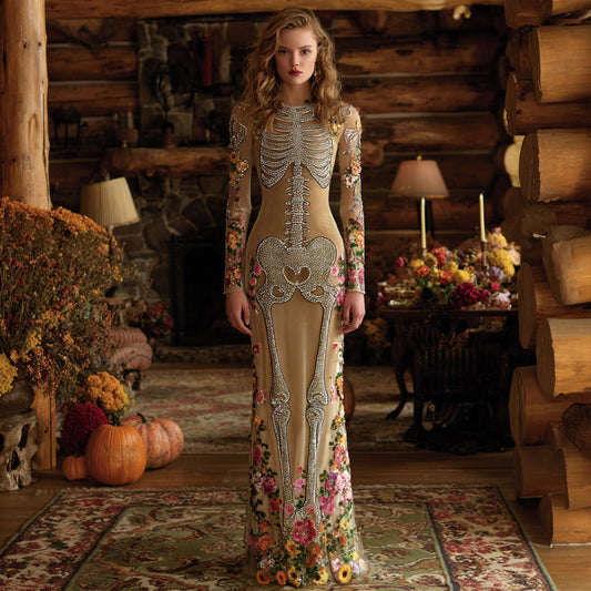 Comstylish Vintage Mexican Day Of The Dead Skeleton Bones Embroidery Flowers Cozy Velvet Maxi Dress