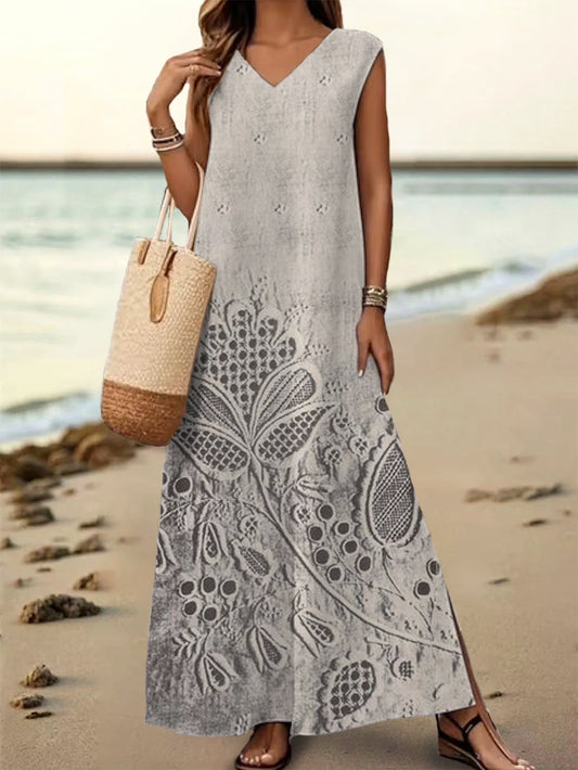 Women's Floral Art Print V-Neck Sleeveless Cotton Pocket Dress