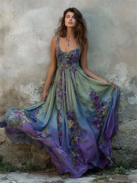 Vintage Floral Embroidered Purple Gradient Flowy Linen Maxi Dress artswardrobe