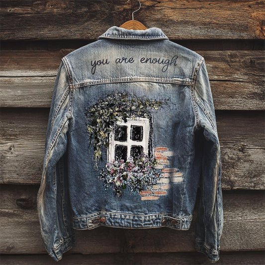 Comstylish You Are Enough Floral Cottage Window Fiber Art Denim Jacket