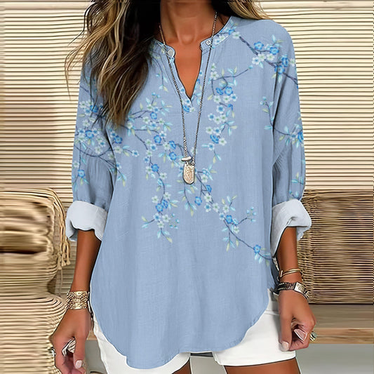 Comstylish Floral Print V-Neck Loose Blouse