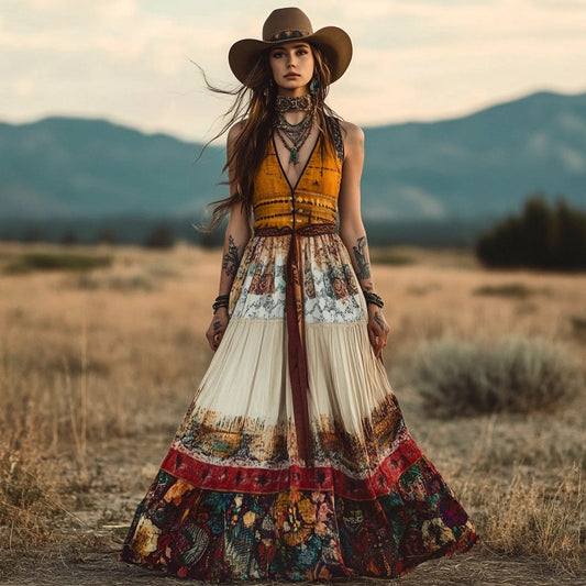 Western Vintage Floral Pattern Women's Lace-up Maxi Dress artswardrobe