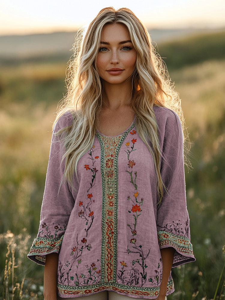 Comstylish Retro Bohemian Floral Embroidery Art Graphics Linen Blend Loose Blouse