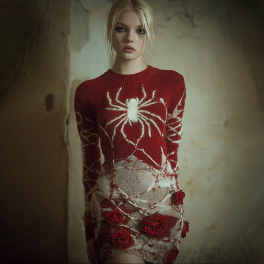 Comstylish Women Halloween Spider And Flower Color Blocked Ancient Knitted Dress