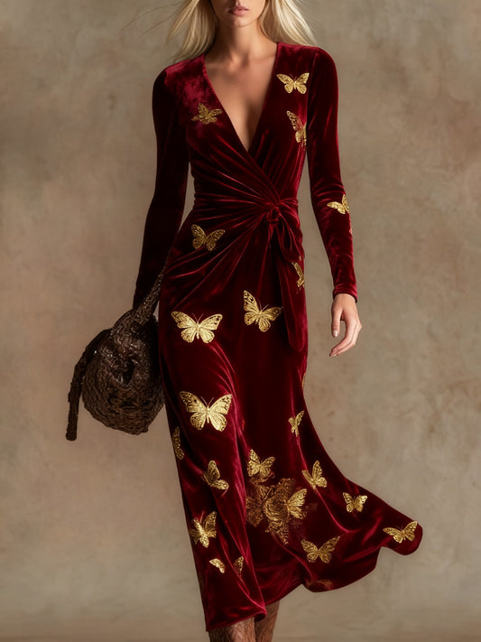 Elegant vintage print V-neck velvet maxi dress