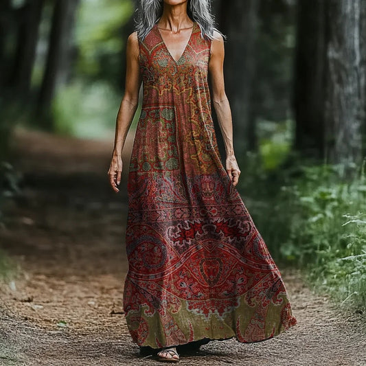 Women's Vintage Western Ethnic Print V-neck Midi Dress artswardrobe
