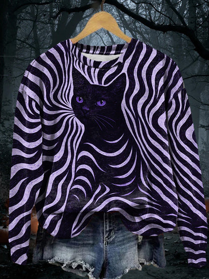 Women's Halloween Black Cat Stripes Print Casual Sweatshirt elevenforest