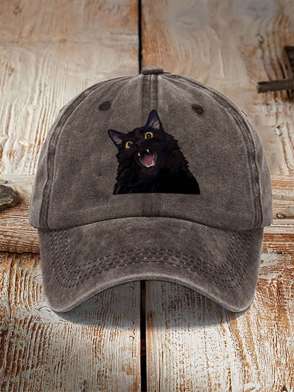 Japanese Art Black Cat Print Washed Hat elevenforest