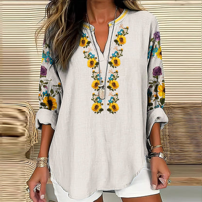 Comstylish Women's Ukraine Sunflower Art V-neck Casual Linen Blend Blouse