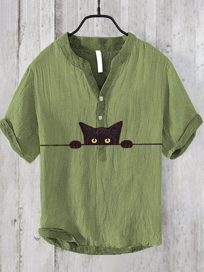 Japanese Art Black Cat Print Cotton Blend Shirt elevenforest