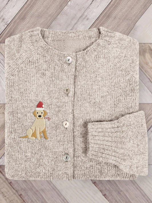 Comstylish Cute Christmas Dog Embroidered Cozy Knit Cardigan