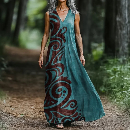 Women's Retro Geometric Print V-neck Midi Dress artswardrobe