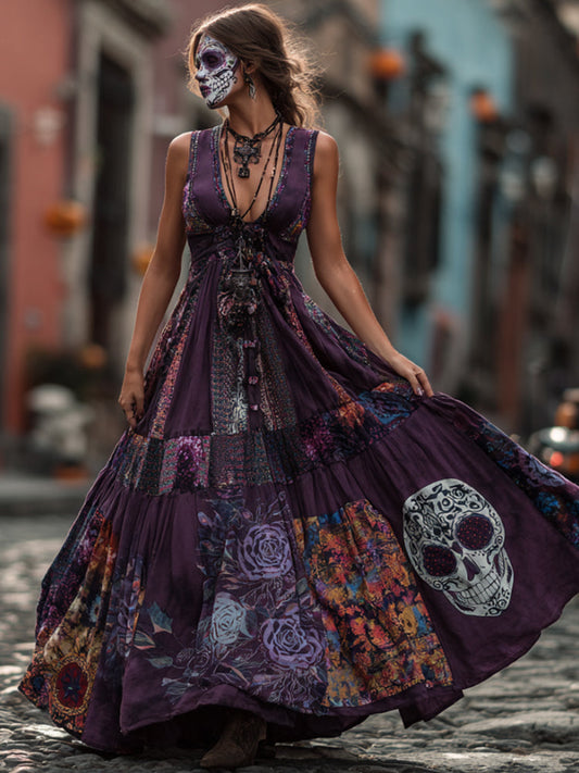 Ladies' Vintage-style Dress With Skull Pattern And Shoulder Straps artswardrobe