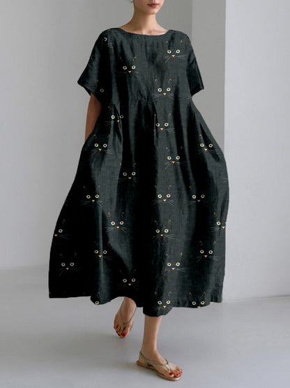 Cute Cat Face Pattern Linen Blend Cozy Maxi Dress elevenforest