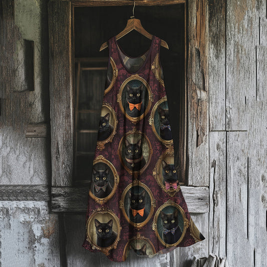 Women's Vintage Cat Bow Pattern Cotton And Linen Dress artswardrobe