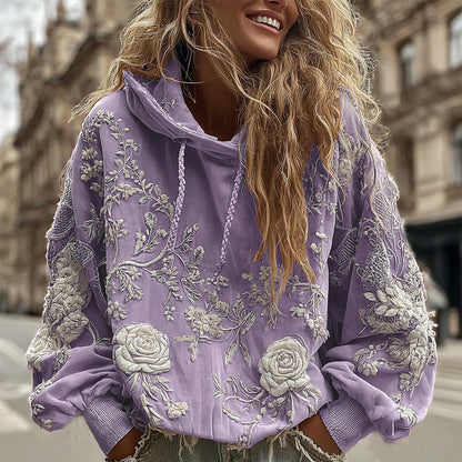 Women's Classic Romantic White Rose Embroidery Art Comfy Hoodie artswardrobe