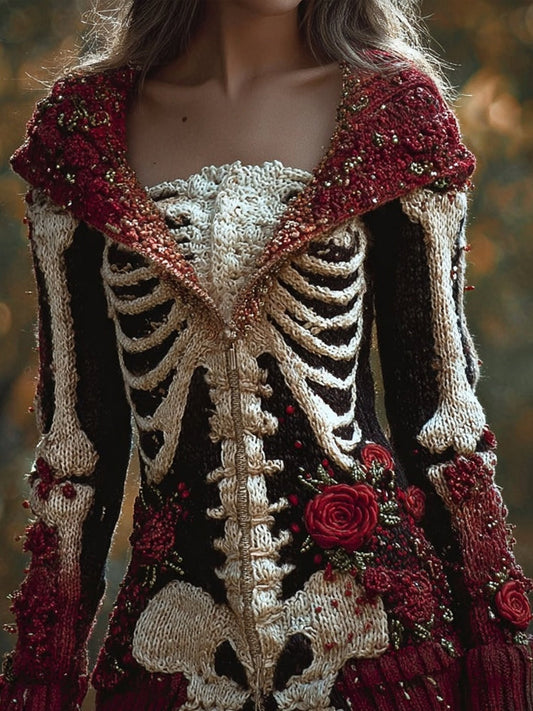 Vintage Skeleton Bloody Roses Hooded Sweater Cardigan artswardrobe