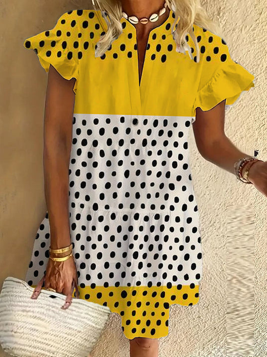 Geometric art ruffles, short sleeves, V-neck, button dress, holiday beach dress