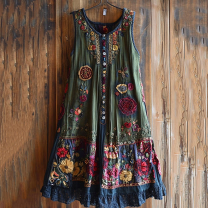 Vintage Floral Lace Patchwork Art Comfy Sleeveless Dress artswardrobe