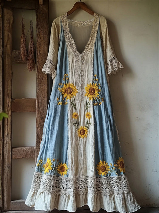 Boho Sunflowers Embroidered Lace Patchwork Flowy Linen Dress artswardrobe