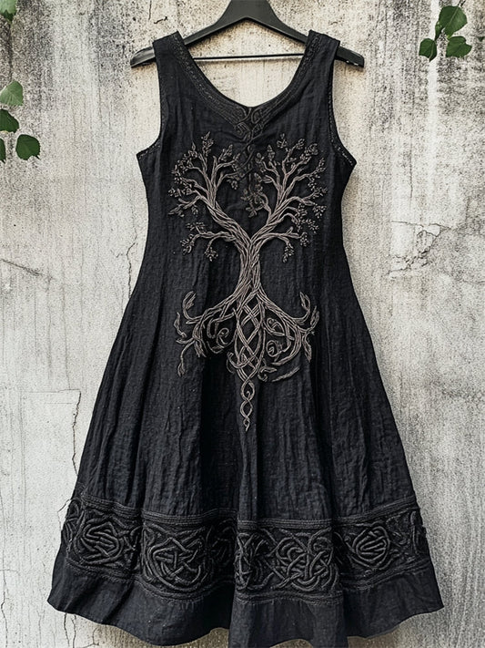 Vintage Tree Of Life Celtic Embroidered Linen Dress artswardrobe